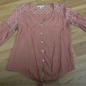 Ivory Ridge Pale Pink Short Sleeve Lace Detail Blouse Size Medium